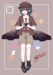 Rule 34 | 1girl, :d, absurdres, alternate costume, bare legs, belt, black footwear, black hair, black wings, blush, boots, camera, casual, commentary request, cross-laced footwear, feathered wings, full body, hat, highres, holding, holding camera, leaf, leaf background, looking at viewer, medium hair, necktie, open clothes, open mouth, open shirt, plaid, plaid headwear, plaid shirt, red eyes, red necktie, shameimaru aya, shirt, shorts, smile, solo, tengu, touhou, white shirt, wings, yonoisan