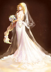 Rule 34 | 1girl, :d, absurdly long hair, absurdres, arm strap, backless dress, backless outfit, blonde hair, blue flower, bouquet, bow, braid, bridal veil, butterfly hair ornament, captain an, dress, fate/apocrypha, fate (series), floating hair, flower, from behind, full body, hair bow, hair ornament, highres, holding, holding bouquet, jeanne d&#039;arc (fate), jeanne d&#039;arc (ruler) (fate), long dress, long hair, looking back, open mouth, ponytail, purple eyes, ribbon, single braid, sleeveless, sleeveless dress, smile, solo, standing, veil, very long hair, wedding dress, white bow, white dress, white flower, white ribbon
