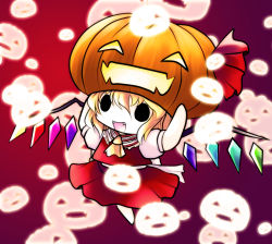Rule 34 | 1girl, blonde hair, blouse, female focus, flandre scarlet, gradient background, hair between eyes, highres, jack-o&#039;-lantern, open mouth, purple background, red background, shirt, smile, solo, touhou, white shirt, yume shokunin