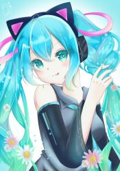 Rule 34 | 1girl, :p, absurdly long hair, animal ear headphones, animal ears, aqua eyes, aqua hair, aqua necktie, artist name, artist request, bare shoulders, blue eyes, blue hair, blue necktie, blush, breasts, cat ear headphones, collared shirt, fake animal ears, female focus, flower, grey shirt, hatsune miku, headphones, highres, holding, holding hair, kuko0628, long hair, medium breasts, necktie, shirt, solo, tongue, tongue out, twintails, very long hair, vocaloid