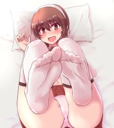 Rule 34 | 1girl, bed, brown eyes, brown hair, collar, detached sleeves, feet, hairband, highres, kantai collection, kihou no gotoku dmc, looking at viewer, lying, natori (kancolle), navel, no shoes, on bed, open mouth, panties, pillow, pink panties, pleated skirt, sailor, school uniform, serafuku, short hair, skirt, soles, solo, thighhighs, toes, underwear, white thighhighs