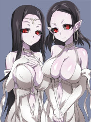 Rule 34 | 2girls, bad id, bad pixiv id, bare shoulders, black hair, black sclera, breasts, bridal gauntlets, brll, circlet, colored sclera, colored skin, elbow gloves, gloves, huge breasts, light smile, long hair, looking at viewer, multiple girls, navel, overlord (maruyama), pale skin, pointy ears, purple background, red eyes, simple background, vampire, vampire bride (overlord), very long hair, white skin