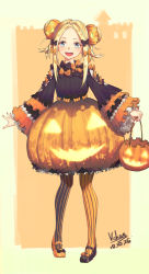 Rule 34 | 1girl, :d, abigail williams (fate), absurdres, alternate costume, asymmetrical footwear, asymmetrical legwear, black bow, black footwear, black pantyhose, black skirt, blue eyes, blush, bow, bubble skirt, commentary, dated, double bun, english commentary, fate/grand order, fate (series), forehead, full body, green background, hair bun, halloween bucket, head tilt, highres, holding, jack-o&#039;-lantern, layered sleeves, long hair, long sleeves, mismatched footwear, mismatched legwear, open mouth, orange background, orange bow, orange footwear, orange pantyhose, orange skirt, pantyhose, parted bangs, ribbed shirt, shirt, shoes, side bun, sidelocks, signature, skirt, smile, solo, standing, striped clothes, striped legwear, striped pantyhose, teeth, two-tone background, upper teeth only, vchan, vertical-striped clothes, vertical-striped pantyhose, wide sleeves