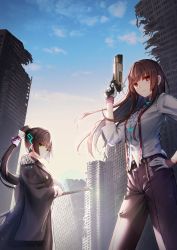 Rule 34 | 2girls, brown hair, building, character request, gloves, gun, hand on own hip, heaven burns red, highres, holding, holding gun, holding weapon, katana, long hair, multiple girls, ponytail, red eyes, ruins, sheath, sheathed, skyscraper, standing, suspenders, sword, tim86231, weapon, white gloves