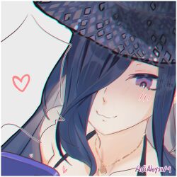 Rule 34 | 1girl, aoiabyss, blue hair, blue hat, chromatic aberration, clorinde (genshin impact), commentary request, genshin impact, hat, highres, long hair, purple eyes, smile, solo, sun hat