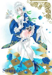 Rule 34 | 1girl, arim0k0, ass, black panties, blue dress, butt crack, checkered floor, closed mouth, cross-laced clothes, cup, dress, flower, from behind, full body, grey eyes, high heels, highres, holding, holding tray, izayoi sakuya, looking at viewer, maid, maid headdress, panties, pantyshot, rose, sample watermark, short hair, solo, teacup, teapot, thighhighs, touhou, traditional media, tray, underwear, watermark, white background, white hair, white thighhighs