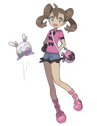Rule 34 | 1girl, :d, arms behind back, bag, brown hair, creatures (company), eneko (olavcnkrpucl16a), eyelashes, game freak, gen 6 pokemon, goomy, green eyes, happy, highres, looking at viewer, nintendo, open mouth, pink bag, pink footwear, pink shirt, pokemon, pokemon (creature), pokemon xy, shauna (pokemon), shirt, shoes, short shorts, short sleeves, shorts, shoulder bag, simple background, smile, standing, teeth, twintails, upper teeth only, white background