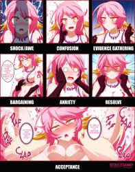 Rule 34 | 1girl, 7 stages of big dick, ahegao, breasts, cleavage, full nelson, jibril (no game no life), karmanseph, large breasts, large penis, nipples, no game no life, penis, penis awe, penis shadow, pink hair, seducedaway, tape measure, tattoo, yellow eyes