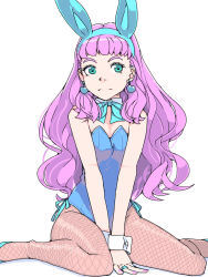 Rule 34 | 1girl, akinbo (hyouka fuyou), animal ears, blue footwear, blue hairband, blue leotard, blue ribbon, detached collar, fake animal ears, fishnet pantyhose, fishnets, hairband, high heels, jewelry, laura (precure), leotard, long hair, looking at viewer, neck ribbon, pantyhose, pink hair, playboy bunny, precure, pumps, rabbit ears, ribbon, ring, simple background, sitting, solo, strapless, strapless leotard, tropical-rouge! precure, very long hair, wariza, white background, wrist cuffs