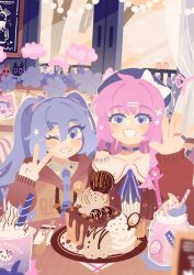 Rule 34 | 2girls, autumn leaves, belt buckle, belt collar, bird, blue bow, blue bowtie, blue choker, blue eyes, blue hair, blue headwear, blue nails, blue necktie, bow, bowtie, brown hoodie, brown jacket, buckle, buttons, cafe, cake, chick, chocolate syrup, choker, collar, collarbone, collared shirt, colored eyelashes, commentary, curtains, drinking straw, flower, food, hair ornament, hairclip, hand on another&#039;s shoulder, hand up, hat, hat bow, hatsune miku, highres, hood, hood down, hoodie, ice cream, indoors, jacket, jewelry, light blush, long hair, long sleeves, looking at viewer, megurine luka, menu, multiple girls, multiple rings, nail polish, napkin, necktie, one eye closed, open clothes, open jacket, open mouth, photo (object), pink flower, pink ribbon, projecttiger, puffy long sleeves, puffy sleeves, ribbon, ring, shirt, single sidelock, single stripe, sleeves past wrists, smile, sparkle, spoon, star (symbol), straight hair, striped bow, striped bowtie, striped clothes, striped shirt, sweater jacket, symbol-only commentary, table, teeth, tree, twintails, upper body, v, vertical-striped clothes, vertical-striped shirt, vocaloid, waving, white bow, white shirt, window