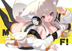 Rule 34 | 1girl, animal ears, arm up, ass, black bra, black thighhighs, bra, breasts, cleavage, fang, feet out of frame, fox ears, fox girl, fox tail, grey hair, hair between eyes, headphones, jacket, large breasts, long hair, looking at viewer, low twintails, lying, mamuru, no pants, off shoulder, on stomach, open mouth, original, pink eyes, skin fang, smile, solo, tail, thighhighs, twintails, underwear, white jacket, yellow background