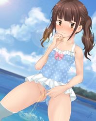 Rule 34 | 1girl, blue one-piece swimsuit, blush, bow, breasts, brown eyes, brown hair, clothing aside, collarbone, hand on chin, highres, island, ocean, one-piece swimsuit, peeing, pink bow, polka dot, polka dot swimsuit, pussy, sky, small breasts, standing, sweatdrop, swimsuit, swimsuit aside, swimsuit skirt, tree, twintails, uncensored
