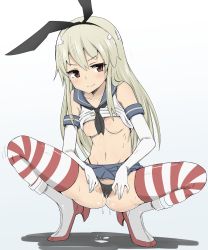 Rule 34 | 10s, 1girl, blonde hair, boots, breasts, brown eyes, clothes lift, elbow gloves, freedom nakai, gloves, gradient background, hair ribbon, highres, kantai collection, long hair, nipples, panties, pussy juice, ribbon, shimakaze (kancolle), shirt lift, small breasts, solo, spread legs, spread pussy under clothes, squatting, striped clothes, striped thighhighs, thighhighs, thong, underwear