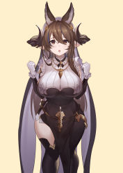 Rule 34 | 1girl, absurdres, animal ears, asymmetrical clothes, asymmetrical legwear, breasts, brown eyes, closed eyes, detached sleeves, extra ears, feet out of frame, frilled sleeves, frills, galleon (granblue fantasy), gloves, granblue fantasy, highres, horns, large breasts, multicolored hair, open mouth, pelvic curtain, pointy ears, solo, streaked hair, unkobako, unusually open eyes, white gloves
