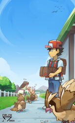 Rule 34 | 1girl, 2boys, absurdres, artist name, backpack, bag, bird, black eyes, black hair, blue pants, box, brown bag, building, closed mouth, commentary, creatures (company), day, fence, flying sweatdrops, game freak, gen 1 pokemon, grass, hat, highres, holding, holding box, jacket, multiple boys, nintendo, old man (pokemon), open clothes, open jacket, orlek, outdoors, pants, path, pidgey, pokemon, pokemon (creature), pokemon rgby, red (pokemon), red hat, road, shirt, shoes, short hair, short sleeves, sky, standing, sweatdrop, tree, white footwear