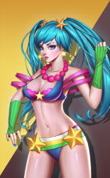 Rule 34 | 1girl, adapted costume, alternate costume, aqua eyes, aqua hair, arcade sona, arm warmers, bare shoulders, bead necklace, beads, bikini, blue bikini, blue eyes, blue hair, blue nails, bra, breasts, cleavage, collarbone, cowboy shot, dress, earrings, eyelashes, fingerless gloves, fingernails, gloves, gluteal fold, hand up, highres, jewelry, lace, lace-trimmed dress, lace trim, league of legends, lipstick, long fingers, long hair, looking at viewer, makeup, matching hair/eyes, medium breasts, nail polish, navel, necklace, panties, parted lips, pearl necklace, pink lips, purple bra, solo, sona (league of legends), star (symbol), star earrings, stomach, swept bangs, swimsuit, twintails, underwear