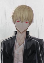 Rule 34 | 1boy, bad id, bad pixiv id, black jacket, blonde hair, closed mouth, collarbone, dress shirt, fate/stay night, fate (series), frown, gilgamesh (fate), gilgamesh (immoral biker jacket) (fate), grey background, hair between eyes, highres, jacket, looking at viewer, male focus, official alternate costume, outdoors, rain, red eyes, shirt, slit pupils, solo, wet, wet hair, white shirt, x key s