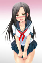 Rule 34 | 10s, 1girl, alternate costume, angry, black hair, blush, breasts, cleavage, collarbone, covering privates, covering crotch, gradient background, idolmaster, idolmaster cinderella girls, large breasts, leaning forward, long hair, looking at viewer, mukai takumi, neckerchief, open mouth, pleated skirt, ribbon, school uniform, sen (astronomy), serafuku, simple background, skirt, solo, sweat, tears, tibbon, wavy mouth