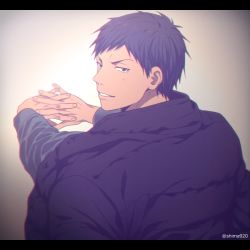 Rule 34 | 1boy, aomine daiki, black eyes, black hair, black jacket, black shirt, blush, casual, commentary request, dark-skinned male, dark skin, gradient background, grey background, interlocked fingers, jacket, jacket on shoulders, kuroko no basuke, letterboxed, long sleeves, looking back, male focus, mashima shima, outstretched arms, parted lips, shirt, short hair, simple background, smile, solo, stretching, twitter username, upper body
