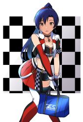 Rule 34 | 1girl, absurdres, asymmetrical sleeves, bag, blue bag, blue hair, blush, bow, brown eyes, checkered background, checkered clothes, collarbone, crop top, cropped jacket, earrings, flat chest, gloves, hair ornament, highres, holding, holding bag, idolmaster, idolmaster (classic), idolmaster million live!, idolmaster million live! theater days, jewelry, kisaragi chihaya, long hair, looking at viewer, midriff, nashiki 053, navel, open mouth, overskirt, pendant choker, short shorts, shorts, solo, standing, sweatdrop, thighhighs, uneven sleeves, white gloves