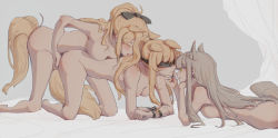 Rule 34 | 3girls, absurdres, animal ears, arknights, bdsm, blemishine (arknights), blindfold, blonde hair, completely nude, dog ears, female focus, fff threesome, fingering, from side, group sex, highres, horse girl, incest, long hair, multiple girls, nearl (arknights), nude, platinum (arknights), restrained, rope, siblings, simple background, sisters, tail, threesome, very long hair, ying (suetmo), yuri