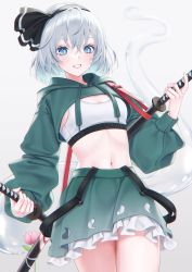 Rule 34 | 1girl, adapted costume, black hairband, blue eyes, breasts, character name, closed mouth, eyes visible through hair, flower, ghost, green hoodie, green shirt, green skirt, green sleeves, grey background, hair between eyes, hairband, hands up, highres, hood, hoodie, katana, konpaku youmu, konpaku youmu (ghost), leaf, long sleeves, looking at viewer, miniskirt, navel, pink flower, puffy long sleeves, puffy sleeves, shirt, short hair, silver hair, simple background, skirt, small breasts, smile, solo, sports bra, standing, stomach, sword, t-shirt, teeth, torinari (dtvisu), touhou, weapon, white shirt