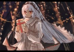 Rule 34 | 1girl, altera (fate), altera (sweet crystal) (fate), aruto2498, blunt bangs, blush, breasts, commentary request, dark-skinned female, dark skin, fate/grand order, fate (series), gift, headdress, holding, holding gift, jacket, lights, long sleeves, looking at viewer, night, open mouth, outdoors, red eyes, scarf, short hair, small breasts, solo, standing, tan, tree, veil, white hair, white jacket, white scarf