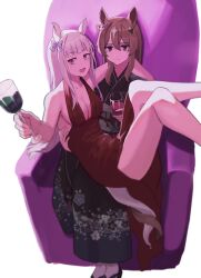 Rule 34 | 2girls, alternate costume, alternate hairstyle, animal ears, bare shoulders, black dress, black kimono, blunt bangs, bow, breasts, brown hair, carrying, cleavage, collarbone, couch, cowboy shot, cup, dress, drinking glass, full body, gold ship (umamusume), hair bow, hair ornament, hand on own shoulder, hand up, highres, holding, holding cup, holding cup, horse ears, hug, japanese clothes, justaway, kimono, legs, long hair, looking at viewer, medium breasts, multicolored hair, multiple girls, on couch, princess carry, red wine, rukaruka ek, sitting, sleeveless, sleeveless dress, smile, thighhighs, two-tone hair, umamusume, white background, white hair, wide sleeves, wine glass, yuri