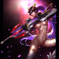 Rule 34 | 1girl, absurdres, black neckwear, breasts, capelet, choker, elbow gloves, gloves, gun, head-mounted display, highres, holding, holding gun, holding weapon, large breasts, league of legends, liang xing, long hair, magical girl, nipples, overwatch, overwatch 1, ponytail, purple hair, pussy, pussy juice, reverse outfit, rifle, solo, star (symbol), starry background, sweat, thighhighs, uncensored, watermark, weapon, white gloves, white thighhighs, widowmaker (overwatch), yellow eyes