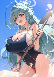 Rule 34 | 1girl, ahoge, bare arms, bare legs, bare shoulders, black one-piece swimsuit, blue archive, blush, breasts, cleavage, cowboy shot, day, green hair, hair between eyes, halo, highres, holding, holding shovel, huge breasts, long hair, one-piece swimsuit, open mouth, outdoors, picter, sand, school swimsuit, shovel, solo, sweat, swimsuit, yellow eyes, yellow halo, yume (blue archive)
