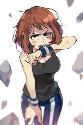 Rule 34 | 10s, 1girl, bare shoulders, blush stickers, boku no hero academia, breasts, brown eyes, brown hair, bruise, commentary request, debris, eyebrows, frown, injury, jinno (megacake), looking at viewer, pants, short hair, simple background, solo, sweat, tank top, track pants, uraraka ochako, white background, wiping face, wristband