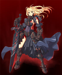 Rule 34 | 00s, 1girl, alternate hairstyle, armor, armored dress, artoria pendragon (fate), bad id, bad pixiv id, blonde hair, blood, braid, dress, excalibur morgan (fate), fate/stay night, fate (series), hair down, koflif, long hair, saber (fate), saber alter, solo, sword, torn clothes, weapon, yellow eyes