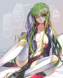 Rule 34 | 1girl, breasts, c.c., code geass, creayus, green hair, hard-translated, high heels, jacket, long hair, navel, no bra, open clothes, open jacket, scar, sitting, thighhighs, third-party edit, translated, waking up, yellow eyes