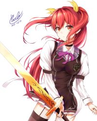 Rule 34 | 10s, 1girl, absurdres, black thighhighs, brown eyes, dated, garter straps, hair ribbon, highres, holding, holding sword, holding weapon, ituka (turbo 510ry), long hair, rakudai kishi no cavalry, red hair, ribbon, signature, simple background, solo, stella vermillion, sword, thighhighs, weapon, white background, yellow eyes