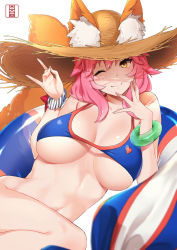 Rule 34 | 1girl, ;), animal ear fluff, animal ears, bangle, bikini, bikini under clothes, blue bikini, blush, bottomless, bracelet, breasts, cleavage, commentary request, ears through headwear, fate/grand order, fate (series), fox ears, fox tail, hand up, hat, jewelry, large breasts, long hair, looking at viewer, murio, navel, one eye closed, pink hair, side-tie bikini bottom, simple background, smile, solo, straw hat, sun hat, swimsuit, tail, tamamo (fate), tamamo (fate), tamamo no mae (fate/extra), tamamo no mae (swimsuit lancer) (fate), white background, yellow eyes