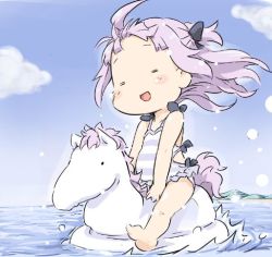 Rule 34 | 1girl, :d, = =, aged down, ahoge, azur lane, bare arms, bare legs, bare shoulders, barefoot, black bow, blue sky, blush stickers, bow, casual one-piece swimsuit, chibi, closed eyes, cloud, collarbone, commentary request, day, facing viewer, forehead, hair bow, ham (points), horizon, long hair, mountain, ocean, one-piece swimsuit, open mouth, outdoors, pink hair, sitting, sky, smile, soles, solo, striped clothes, striped one-piece swimsuit, swimsuit, unicorn (azur lane), water