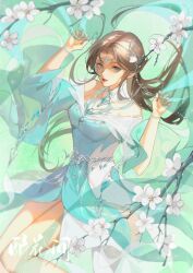 Rule 34 | 1girl, absurdres, arm up, bare legs, bare shoulders, blue eyes, bracelet, branch, brown hair, cha ye zi, circlet, closed mouth, douluo dalu, floating hair, flower, green background, hair ornament, highres, jewelry, long hair, long sleeves, ning rongrong (douluo dalu), second-party source, solo, upper body, white flower