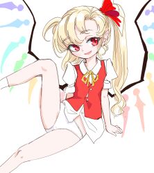 Rule 34 | 1girl, arm support, blonde hair, collared shirt, commentary request, crystal wings, flandre scarlet, hair ribbon, knee up, light smile, long hair, looking to the side, necktie, no headwear, no pants, open mouth, panties, pointy ears, puffy short sleeves, puffy sleeves, red eyes, red ribbon, red vest, ribbon, s-a-murai, shirt, short sleeves, side ponytail, sitting, socks, solo, touhou, underwear, vest, white background, white panties, white shirt, white socks, wings, yellow necktie