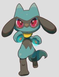 creatures_(company) full_body game_freak gen_4_pokemon grey_background hinekure looking_at_viewer magic nintendo no_humans open_mouth pawpads pokemon pokemon_(creature) red_eyes riolu simple_background solo