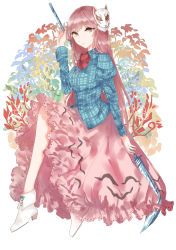 Rule 34 | 1girl, absurdres, adapted costume, ankle boots, bad id, bad pixiv id, boots, canothy, expressionless, floral background, fox mask, frilled skirt, frills, full body, hata no kokoro, highres, knees up, long hair, long sleeves, looking at viewer, mask, naginata, pink eyes, pink hair, plaid, plaid shirt, polearm, ribbon, shirt, sitting, skirt, solo, touhou, very long hair, weapon, white background