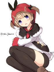 Rule 34 | 1girl, absurdres, azur lane, black capelet, black shorts, black thighhighs, blush, boots, brown footwear, brown hair, capelet, eyebrows hidden by hair, fur-trimmed capelet, fur trim, hair through headwear, highres, hood, hood up, long sleeves, looking at viewer, norfolk (azur lane), ochinsama, open mouth, purple eyes, shirt, short shorts, shorts, simple background, sleeves past wrists, solo, thighhighs, thighhighs under boots, twitter username, two side up, white background, white shirt