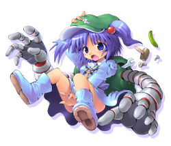 Rule 34 | 1girl, :o, backpack, bag, blue eyes, blue hair, boots, child, cucumber, extra arms, female focus, hair bobbles, hair ornament, hammer, hat, head hold, holding, holding clothes, holding hat, kawashiro nitori, key, kurogarasu, leather, leather boots, matching hair/eyes, mechanical arm, mechanical arms, nobiiru arm, pocket, randoseru, screw, single mechanical arm, skirt, solo, touhou, twintails, two side up, wrench