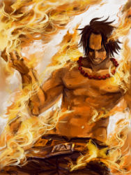 Rule 34 | 1boy, angry, arisue kanako, belt, black hair, black pants, bruise, fiery background, fire, fire, freckles, injury, jewelry, long hair, male focus, muscular, necklace, one piece, pants, portgas d. ace, topless male, solo, yellow eyes