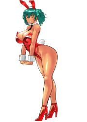 Rule 34 | 1girl, animal ears, ass, bare legs, bare shoulders, breasts, cleavage, curvy, dark-skinned female, dark skin, detached collar, earrings, fake animal ears, fake tail, full body, green eyes, green hair, grin, haiboku, highleg, highleg leotard, highres, huge ass, ikkitousen, jewelry, large breasts, leotard, long hair, looking at viewer, magatama, magatama hair ornament, playboy bunny, rabbit ears, rabbit tail, red leotard, ryofu housen, shiny skin, simple background, smile, solo, standing, tail, thong leotard, twintails, white background, wide hips