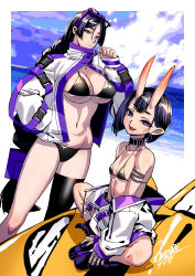 Rule 34 | 2girls, :d, armlet, bad id, bad twitter id, banned artist, bikini, black bikini, black nails, blue sky, boots, braid, breasts, cleavage, cloud, collar, earrings, eyewear on head, fang, fate/grand order, fate (series), hand in pocket, highres, horns, iwamoto eiri, jacket, jewelry, large breasts, long hair, looking at viewer, minamoto no raikou (fate), multiple girls, nail polish, navel, ocean, off shoulder, open mouth, pointy ears, purple eyes, purple hair, ring, short hair, shuten douji (fate), single thighhigh, sitting, skin-covered horns, sky, small breasts, smile, sunglasses, swimsuit, thighhighs, very long hair