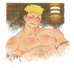 Rule 34 | 1boy, abs, arm tattoo, bara, blonde hair, blush, large pectorals, leaning back, looking to the side, male focus, multicolored hair, muscular, muscular male, nipples, nude, pectorals, red eyes, scar, scar across eye, scar on face, short hair, sideburns, smile, solo, stomach, tattoo, onogami tetsuya, tokyo houkago summoners, tsuna (so da77), two-tone hair, undercut, wet