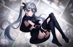 1girl absurdres android asagon007 blue_eyes cyborg einherjar_azena grey_hair hair_ornament highres holding long_hair looking_at_viewer midriff navel original science_fiction solo twintails weapon