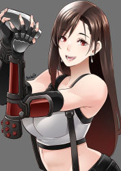Rule 34 | 1girl, :d, arms up, bare shoulders, breasts, brown hair, butcha-u, cocktail shaker, commentary request, crop top, earrings, elbow gloves, final fantasy, final fantasy vii, fingerless gloves, gloves, grey background, happy, highres, holding shaker, jewelry, large breasts, long hair, looking at viewer, midriff, open mouth, red eyes, revision, signature, simple background, smile, solo, suspenders, tactical clothes, tank top, teeth, tifa lockhart, upper body, white tank top