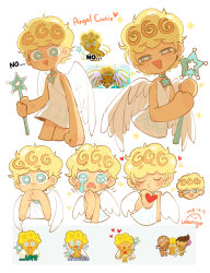 Rule 34 | ..., ...., 1girl, 2boys, angel, angel boy, angel cookie, angel wings, anger vein, angry, blonde hair, blue eyes, blush, candy, candy cane, cheerful cookie, clenched hands, closed eyes, cookie run, crying, crying with eyes open, dress, dripping eye, english text, expressions, food, frown, gingerbrave, glaring, half-closed eyes, hand to own mouth, happy, heart, highres, holding, holding heart, holding wand, jewelry, kiss, lollipop, male focus, multiple boys, necklace, own hands clasped, personification, puffy cheeks, shade, shaded face, smile, sparkle, star (symbol), star necklace, tail, tears, trap, triangle mouth, upper body, wand, wenyu, white dress, wide-eyed, wings