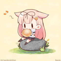 Rule 34 | 1girl, black ribbon, black shirt, black skirt, black socks, blush, brown background, brown footwear, chibi, commentary request, eating, eighth note, food, grass, hair flaps, hair ornament, hair ribbon, hairclip, holding, holding food, kantai collection, kneehighs, light brown hair, long hair, mini person, minigirl, momoniku (taretare-13), musical note, pleated skirt, puffy short sleeves, puffy sleeves, ribbon, scarf, shirt, shoes, short sleeves, sitting, skirt, socks, solid oval eyes, solo, twitter username, very long hair, white scarf, yuudachi (kancolle), yuudachi kai ni (kancolle)